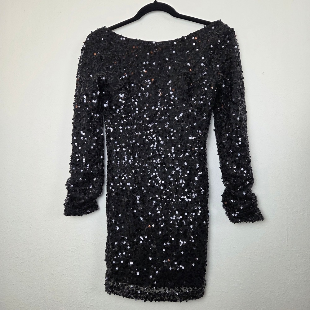 Red Clover Women Black Sequin Mini Dress Long‎ Sleeve Scoop Back Size L